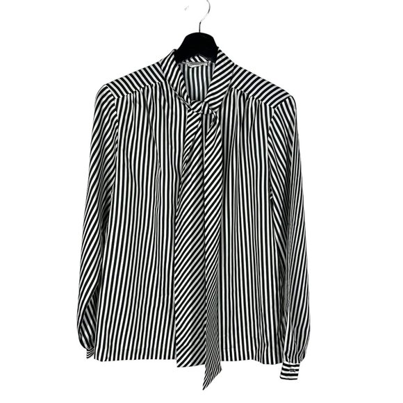 Vintage Tops - Vintage 90s Black White Stripe Secretary Long Sleeve Button Up Large